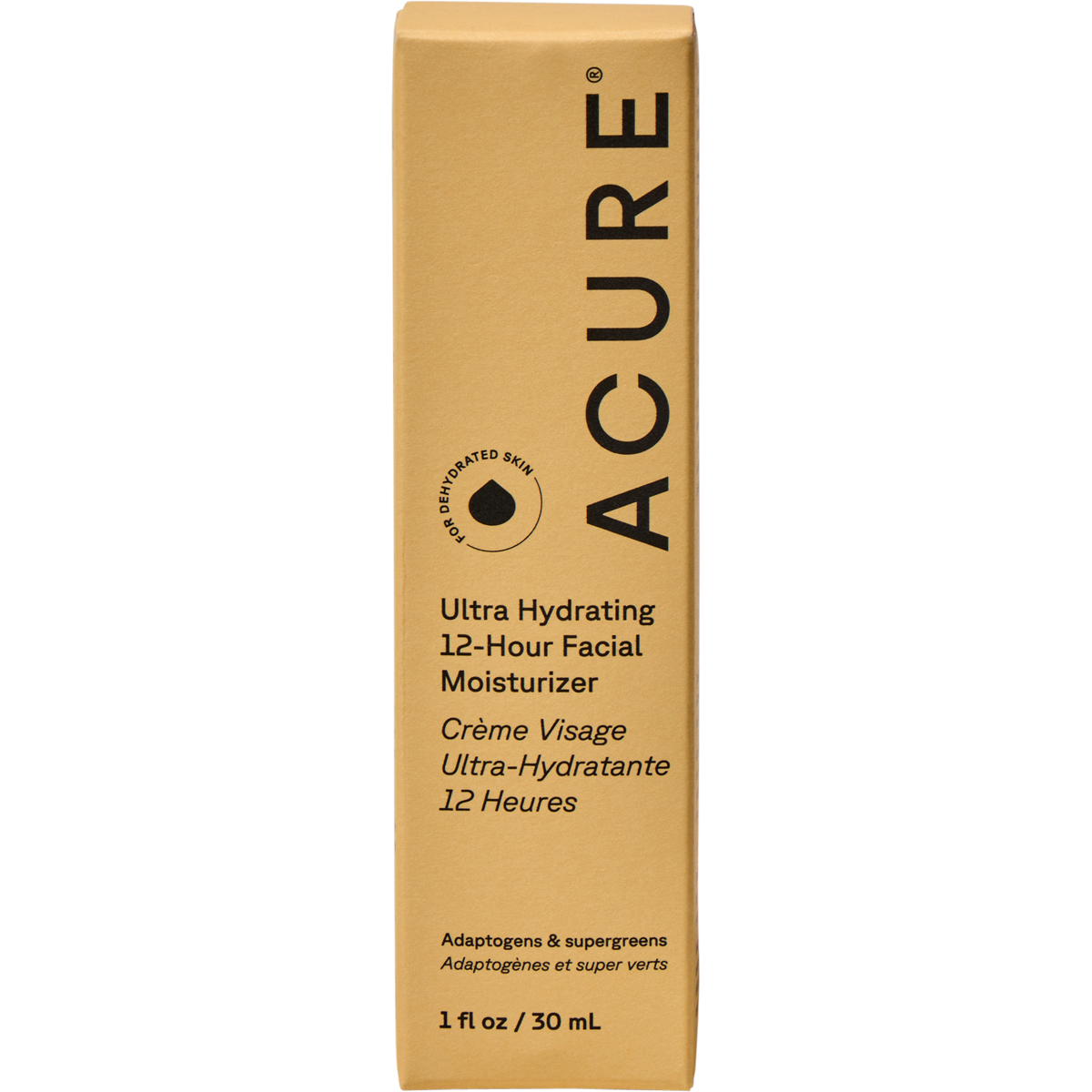ACURE Ultra Hydrating 12 Hour Facial Moisturizer 30ml green and white outer box on a white background.