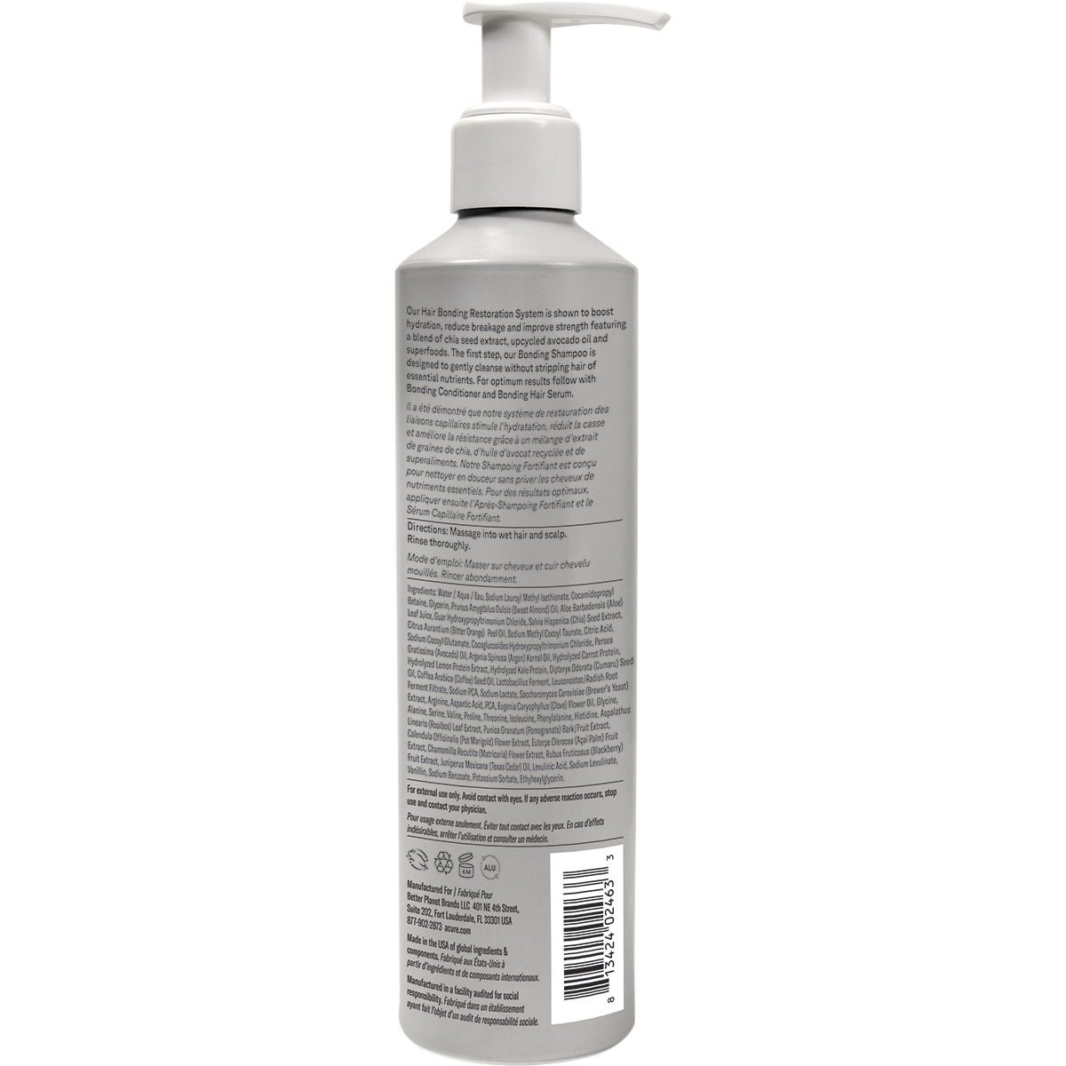 Back view of a 250ml purple aluminum bottle of ACURE Bonding Shampoo with product details and directions.