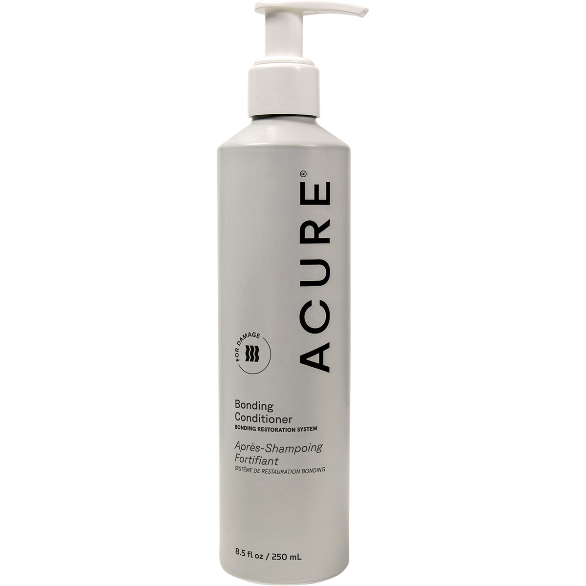 250ml tube of ACURE Bonding Conditioner with cocoa butter and chia seed for hair restoration on a white background.