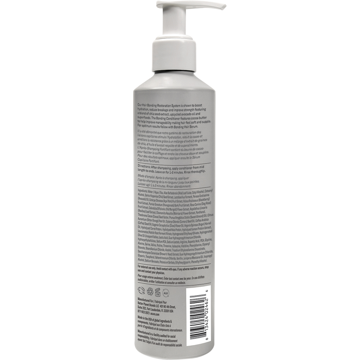 Back of ACURE Bonding Conditioner 250ml tube showing directions, ingredients, and a social responsibility audit seal.
