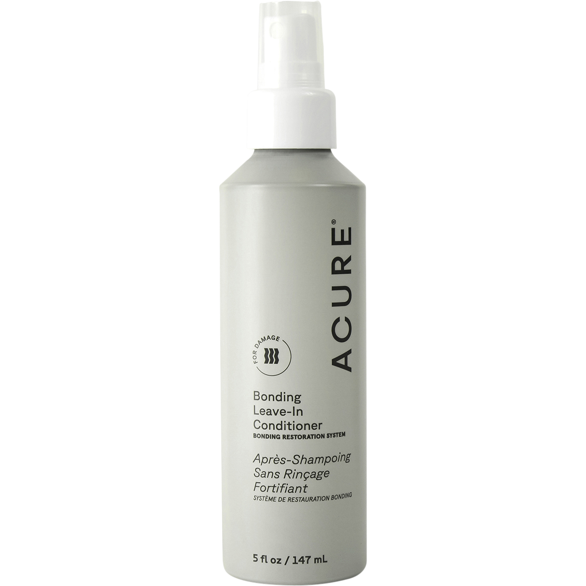 White spray bottle of ACURE Bonding Leave-In Conditioner 147ml with a clear cap and purple and blue label.
