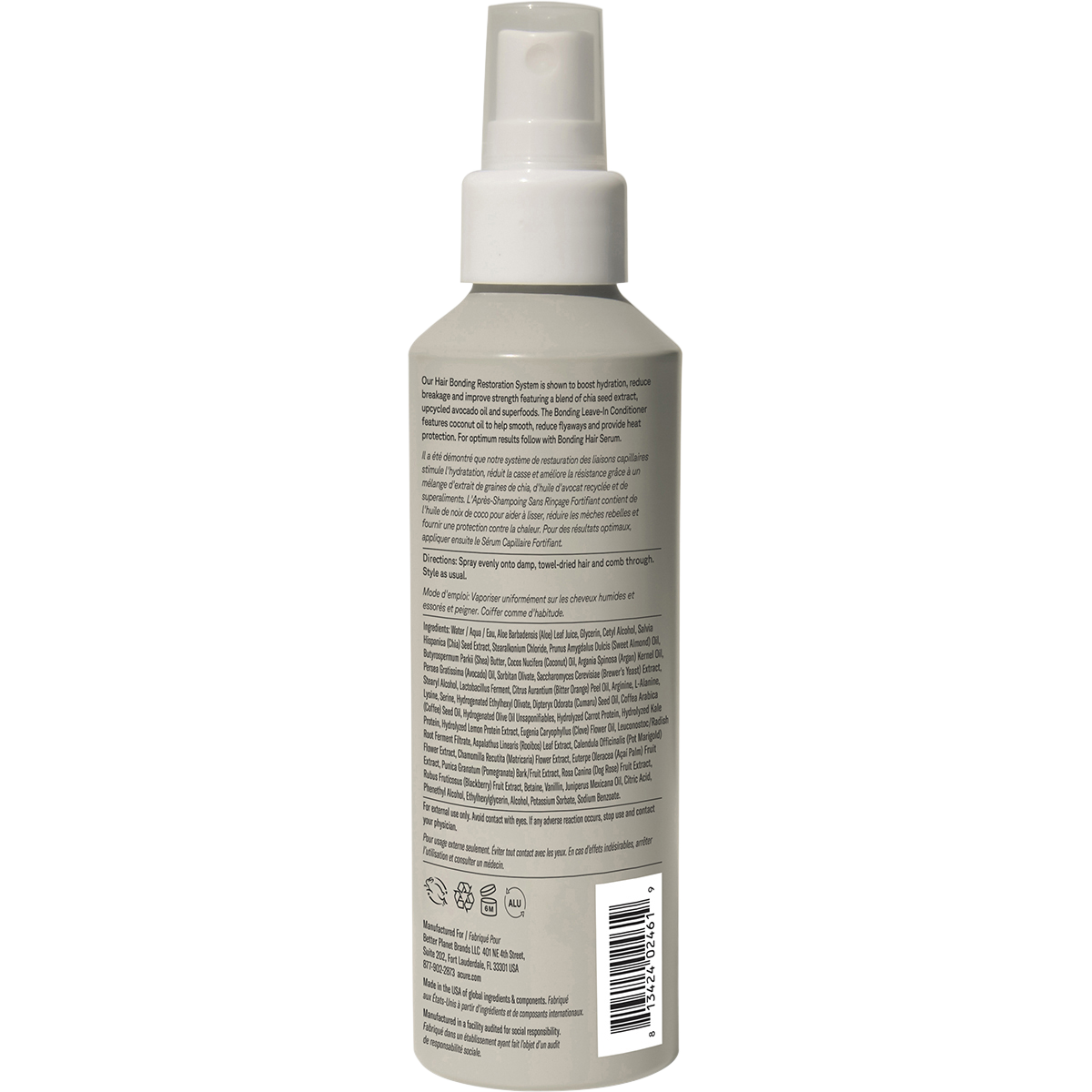Back of ACURE Bonding Leave-In Conditioner bottle featuring ingredient list and usage directions on a white background.