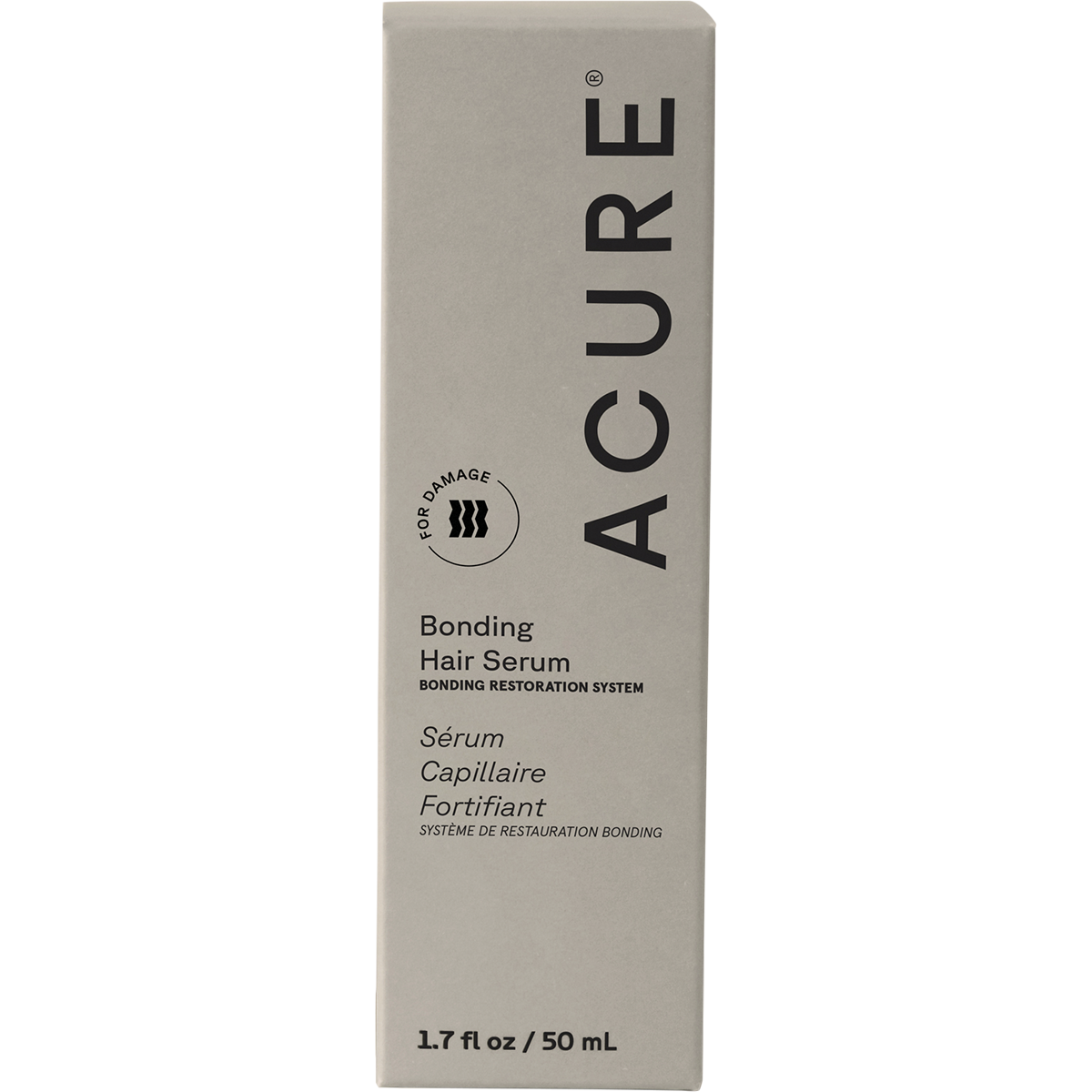 White and gold product box for ACURE Bonding Hair Serum 50ml on a white background.