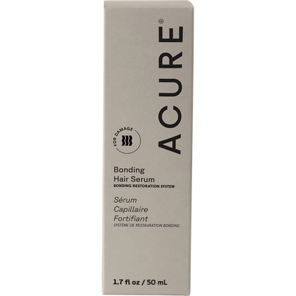 White and gold product box for ACURE Bonding Hair Serum 50ml on a white background.