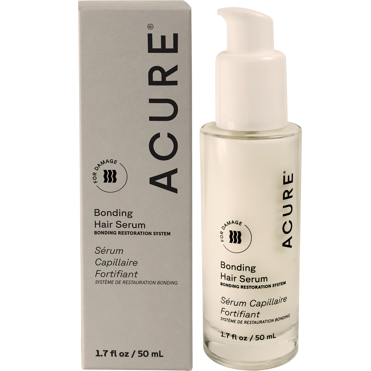 White 50ml pump bottle of ACURE Bonding Hair Serum next to its matching gold and white product box.
