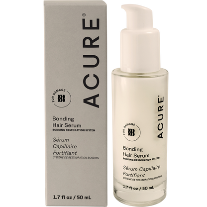 White 50ml pump bottle of ACURE Bonding Hair Serum next to its matching gold and white product box.