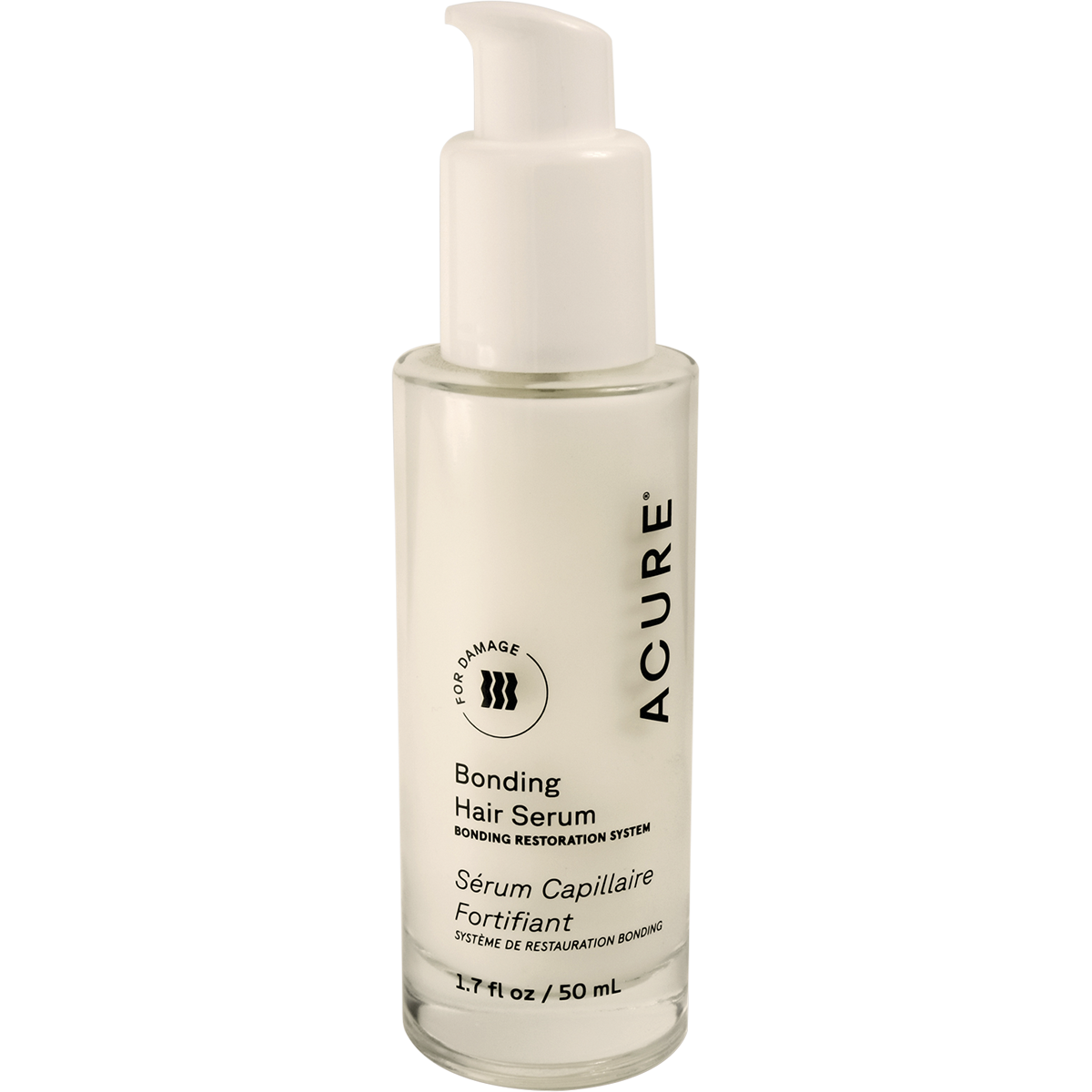 White 50ml bottle of ACURE Bonding Hair Serum with a pump dispenser and gold accents on a white background.