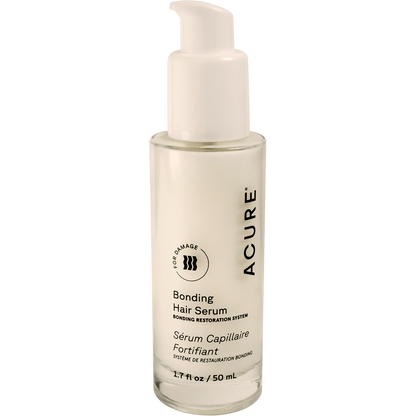 White 50ml bottle of ACURE Bonding Hair Serum with a pump dispenser and gold accents on a white background.