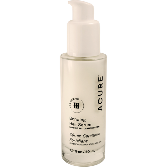 White 50ml bottle of ACURE Bonding Hair Serum with a pump dispenser and gold accents on a white background.