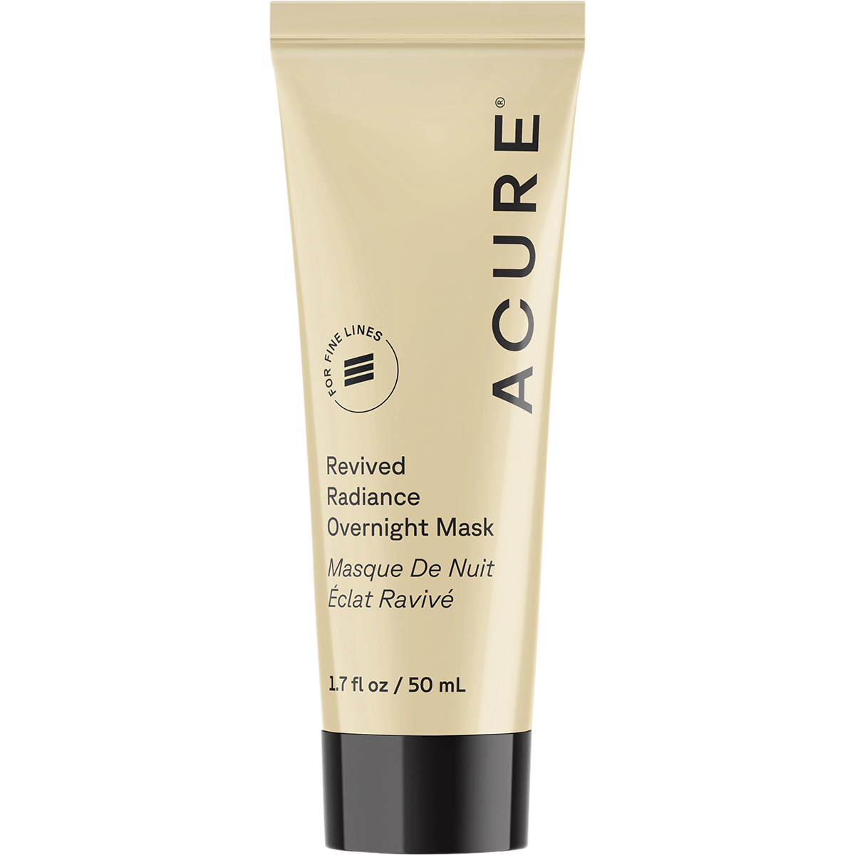 ACURE Revived Radiance Overnight Mask 50ml tube with encapsulated retinol and upcycled avocado oil on a white background.