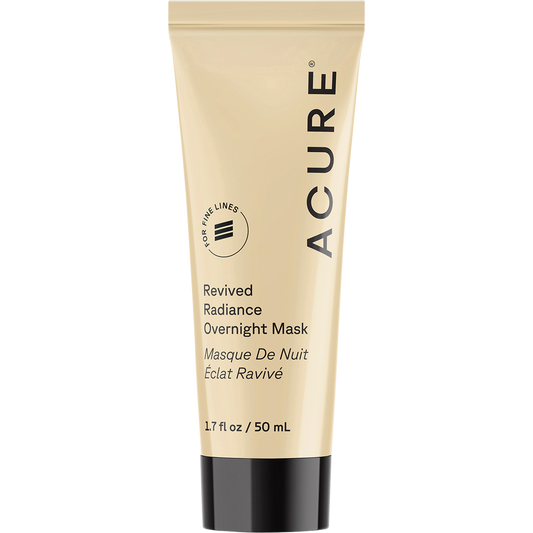 ACURE Revived Radiance Overnight Mask 50ml tube with encapsulated retinol and upcycled avocado oil on a white background.