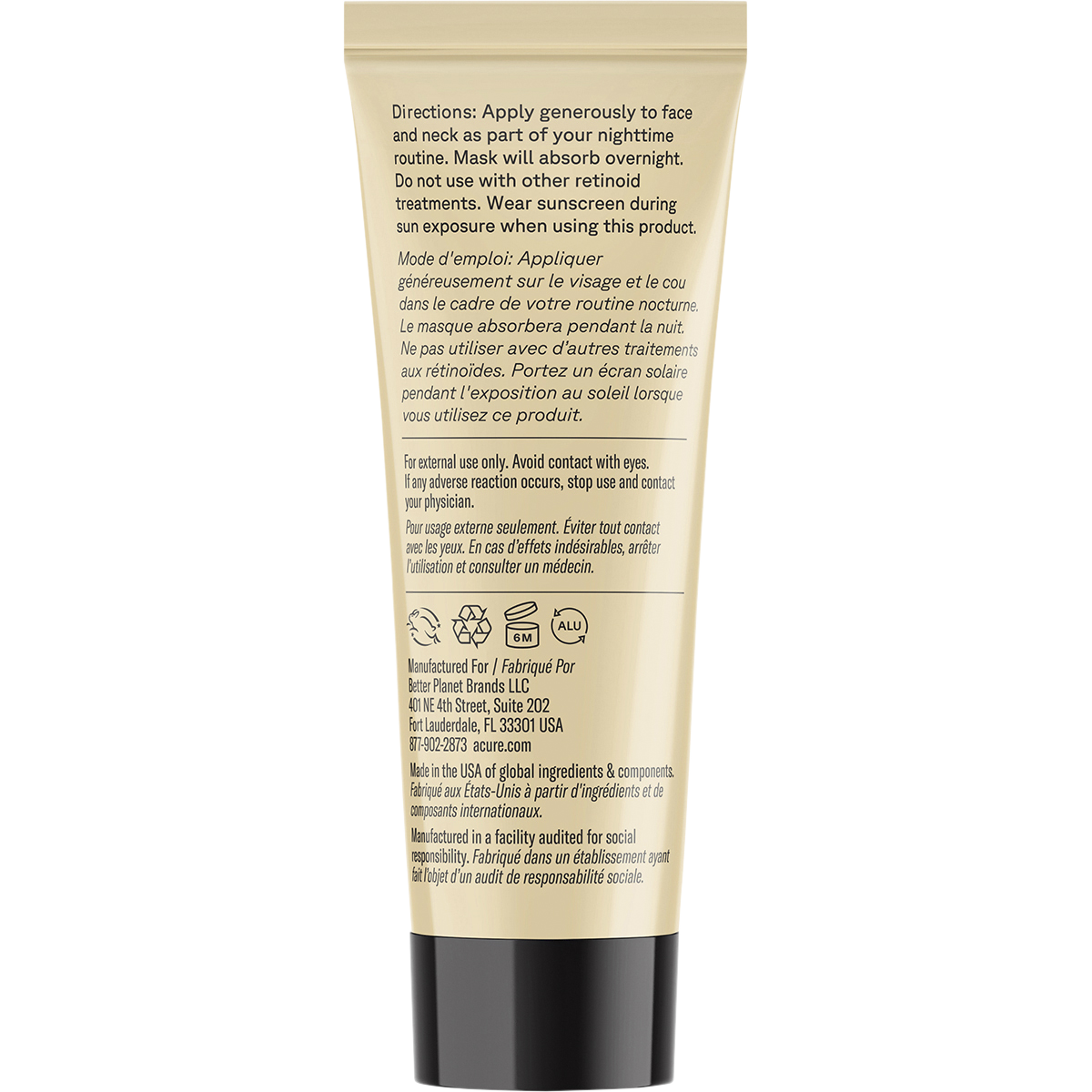 Back of ACURE Revived Radiance Overnight Mask 50ml tube showing directions and ingredients on a white background.