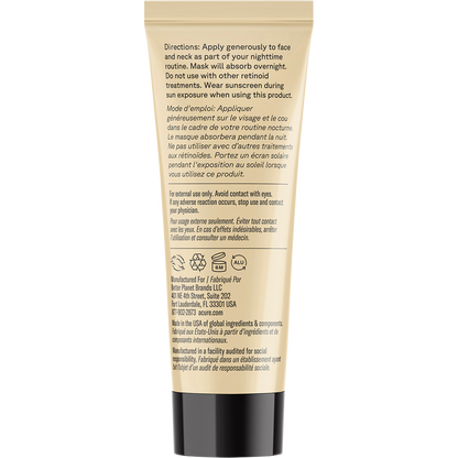 Back of ACURE Revived Radiance Overnight Mask 50ml tube showing directions and ingredients on a white background.
