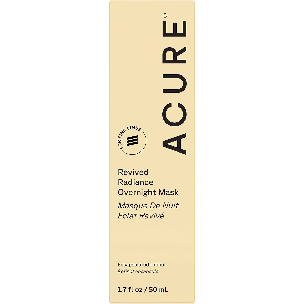 ACURE Revived Radiance Overnight Mask 50ml product box featuring retinol and upcycled avocado oil.