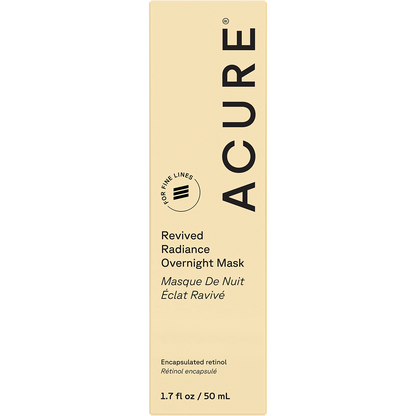 ACURE Revived Radiance Overnight Mask 50ml product box featuring retinol and upcycled avocado oil.