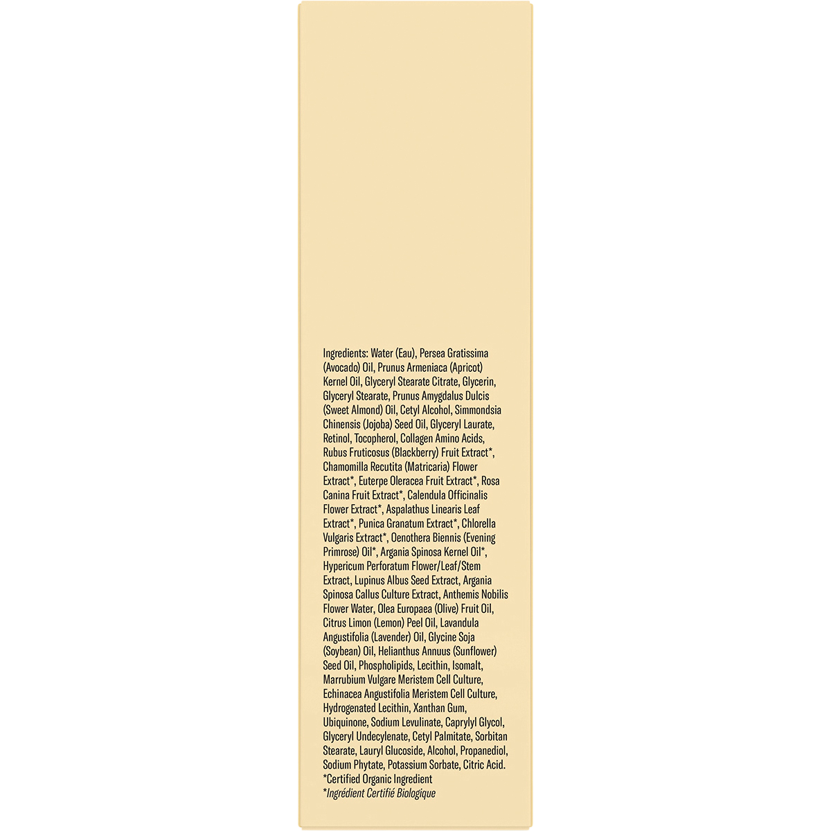 Back of ACURE Revived Radiance Overnight Mask box showing product details, directions, and full ingredient list.
