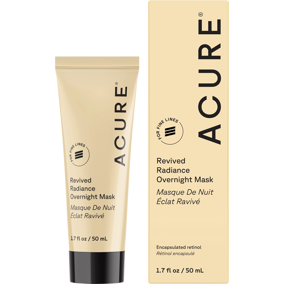 ACURE Revived Radiance Overnight Mask 50ml tube and product box on a white background.