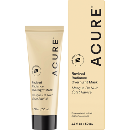 ACURE Revived Radiance Overnight Mask 50ml tube and product box on a white background.