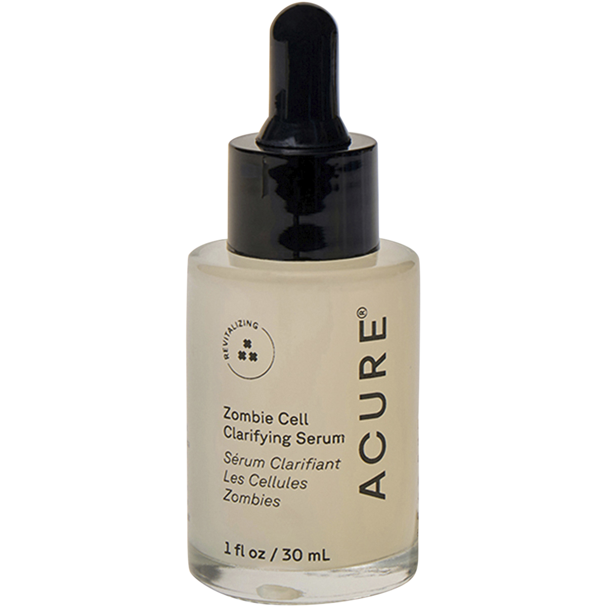 30ml glass bottle of ACURE Zombie Cell Clarifying Serum with a white dropper and green label.