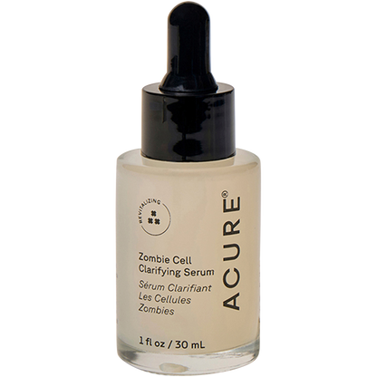 30ml glass bottle of ACURE Zombie Cell Clarifying Serum with a white dropper and green label.