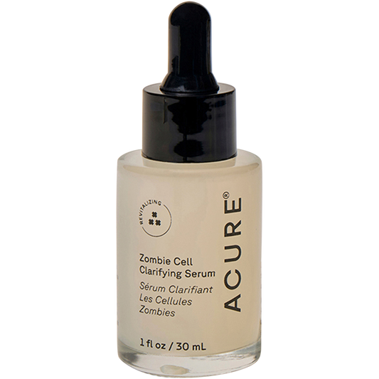 30ml glass bottle of ACURE Zombie Cell Clarifying Serum with a white dropper and green label.