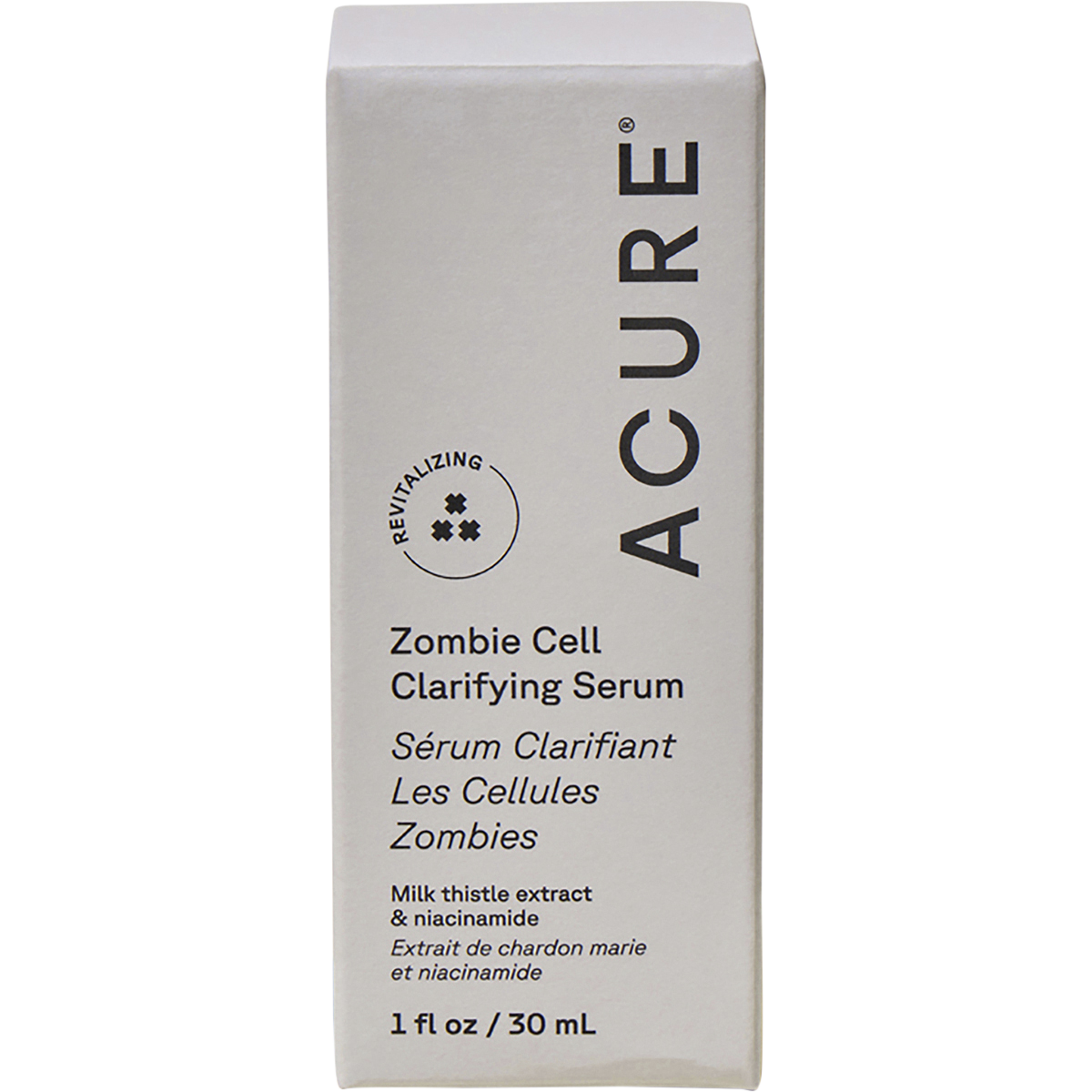 Green and white box of ACURE Zombie Cell Clarifying Serum with plant-focused icons and product benefits.