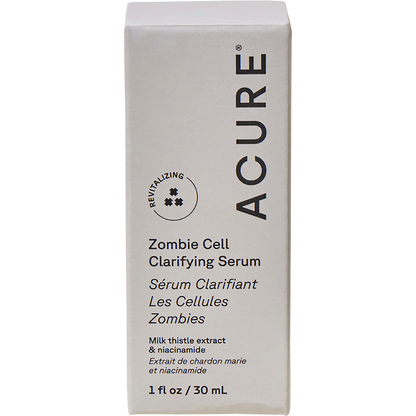 Green and white box of ACURE Zombie Cell Clarifying Serum with plant-focused icons and product benefits.