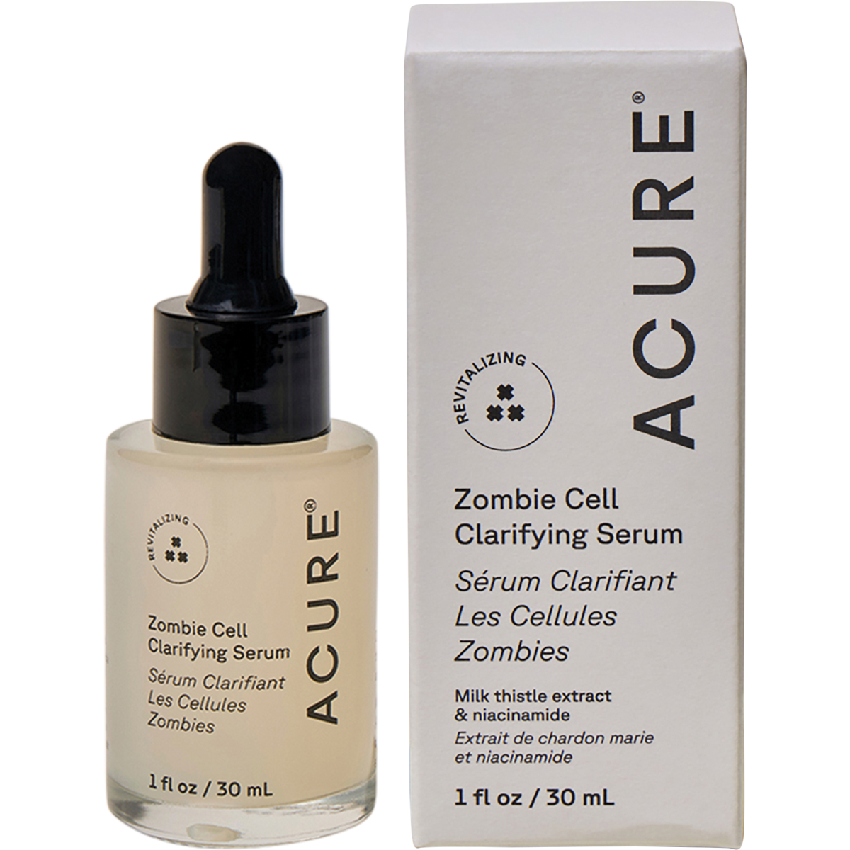 ACURE Zombie Cell Clarifying Serum 30ml bottle and packaging box displayed together on a white background.