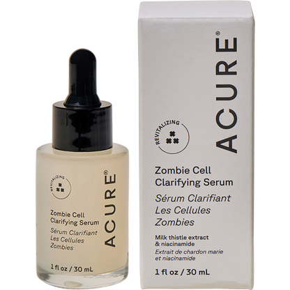 ACURE Zombie Cell Clarifying Serum 30ml bottle and packaging box displayed together on a white background.