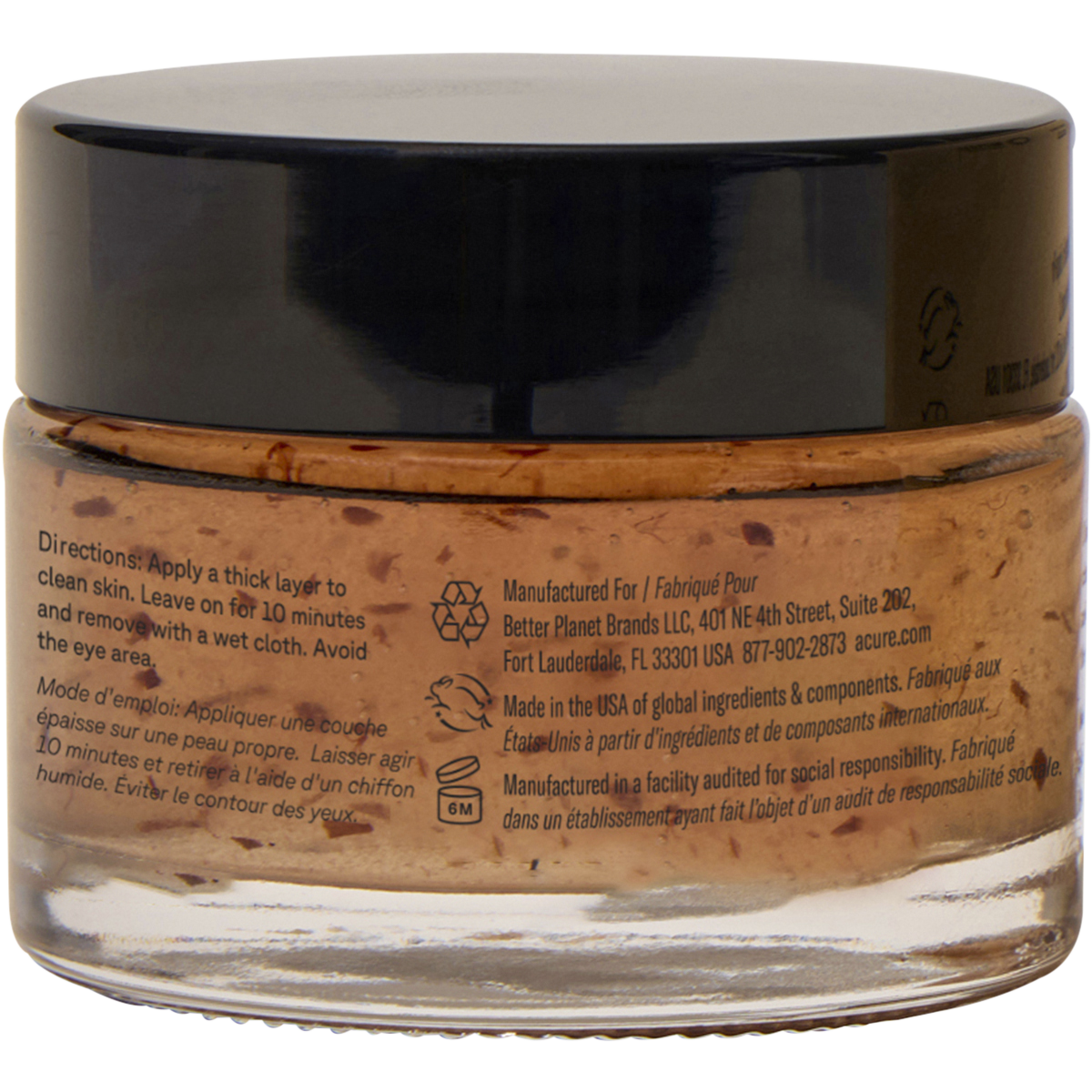 Back of an ACURE Zombie Cell Clarifying Mask jar showing ingredients, usage instructions, and product details.