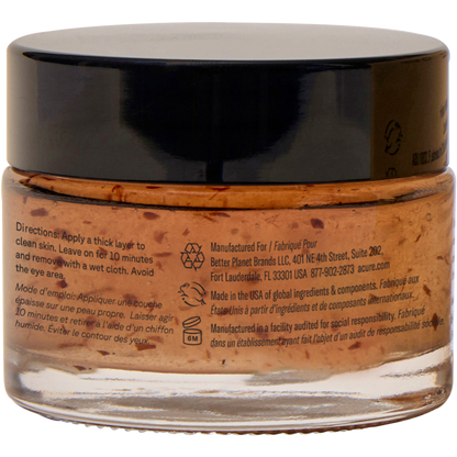 Back of an ACURE Zombie Cell Clarifying Mask jar showing ingredients, usage instructions, and product details.