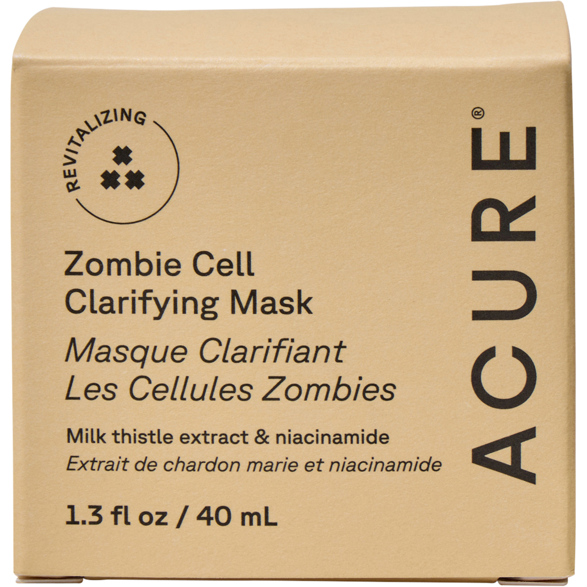 Front of ACURE Zombie Cell Clarifying Mask box featuring green and black design on a white background.
