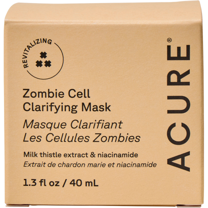 Front of ACURE Zombie Cell Clarifying Mask box featuring green and black design on a white background.