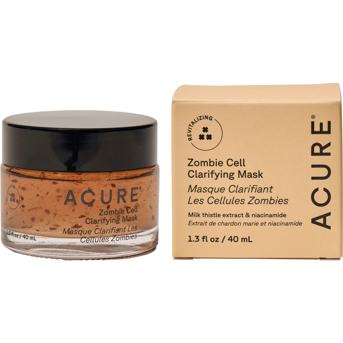 40ml jar and box of ACURE Zombie Cell Clarifying Mask on a white background.