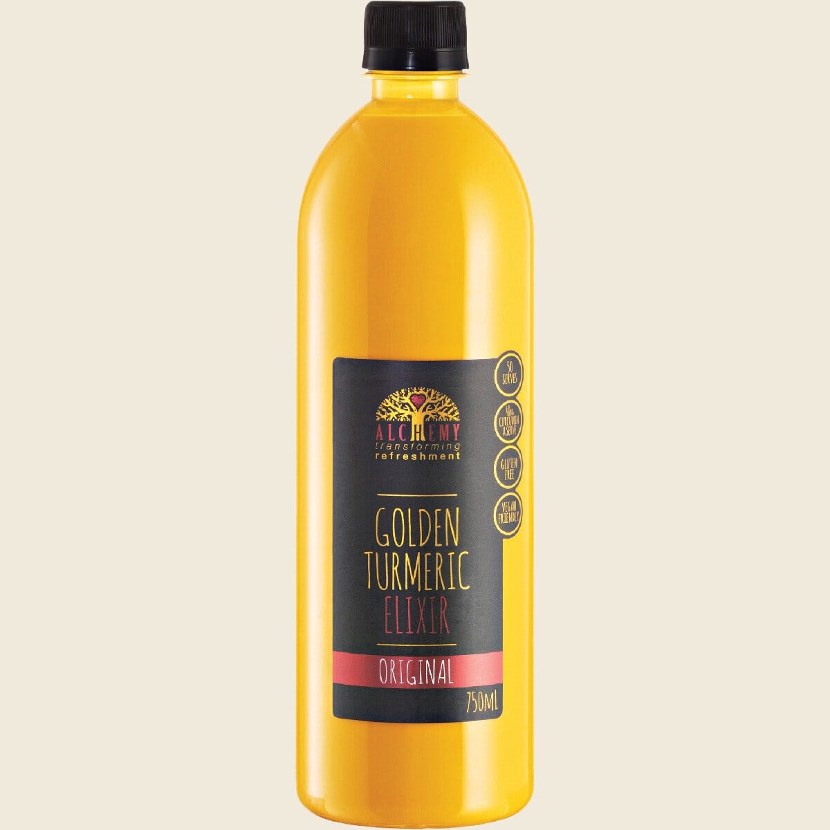 750ml bottle of Alchemy Golden Turmeric Elixir Original featuring a vibrant yellow label with a black pump.