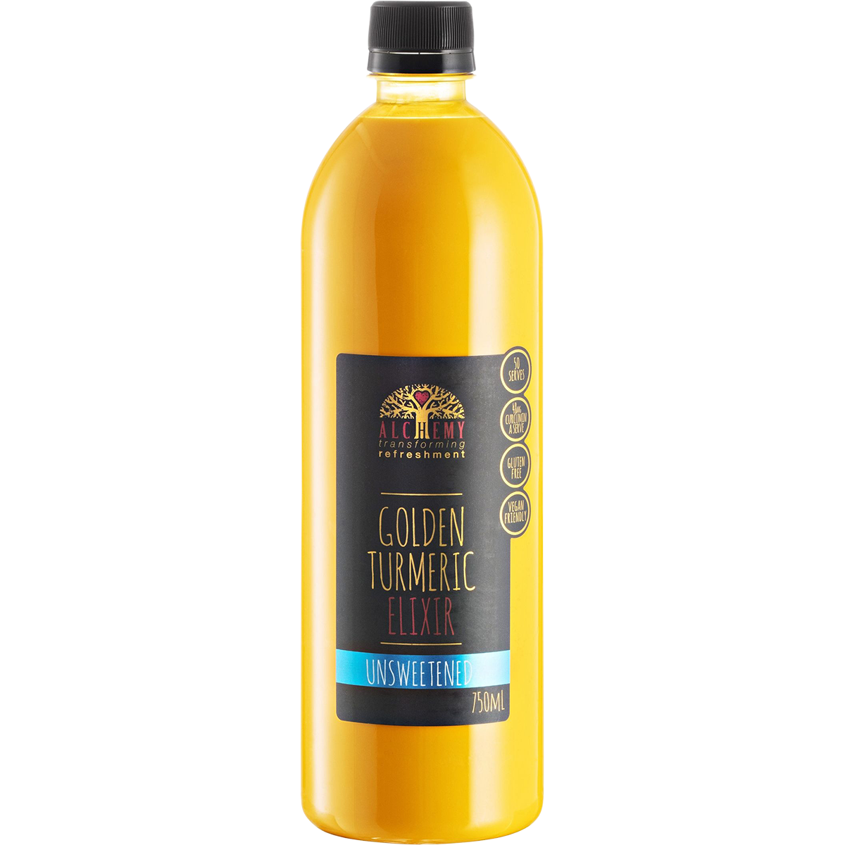 750ml bottle of Alchemy Golden Turmeric Elixir Unsweetened with a vibrant yellow label and black cap.