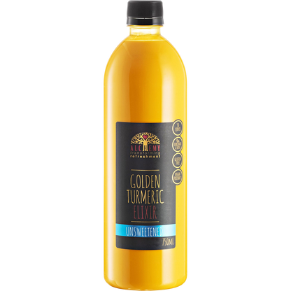 750ml bottle of Alchemy Golden Turmeric Elixir Unsweetened with a vibrant yellow label and black cap.