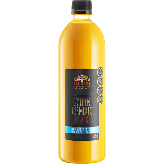 750ml bottle of Alchemy Golden Turmeric Elixir Unsweetened with a vibrant yellow label and black cap.