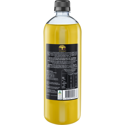Back of Alchemy Golden Turmeric Elixir bottle showing ingredients, nutritional facts, and 9320300025673 barcode.