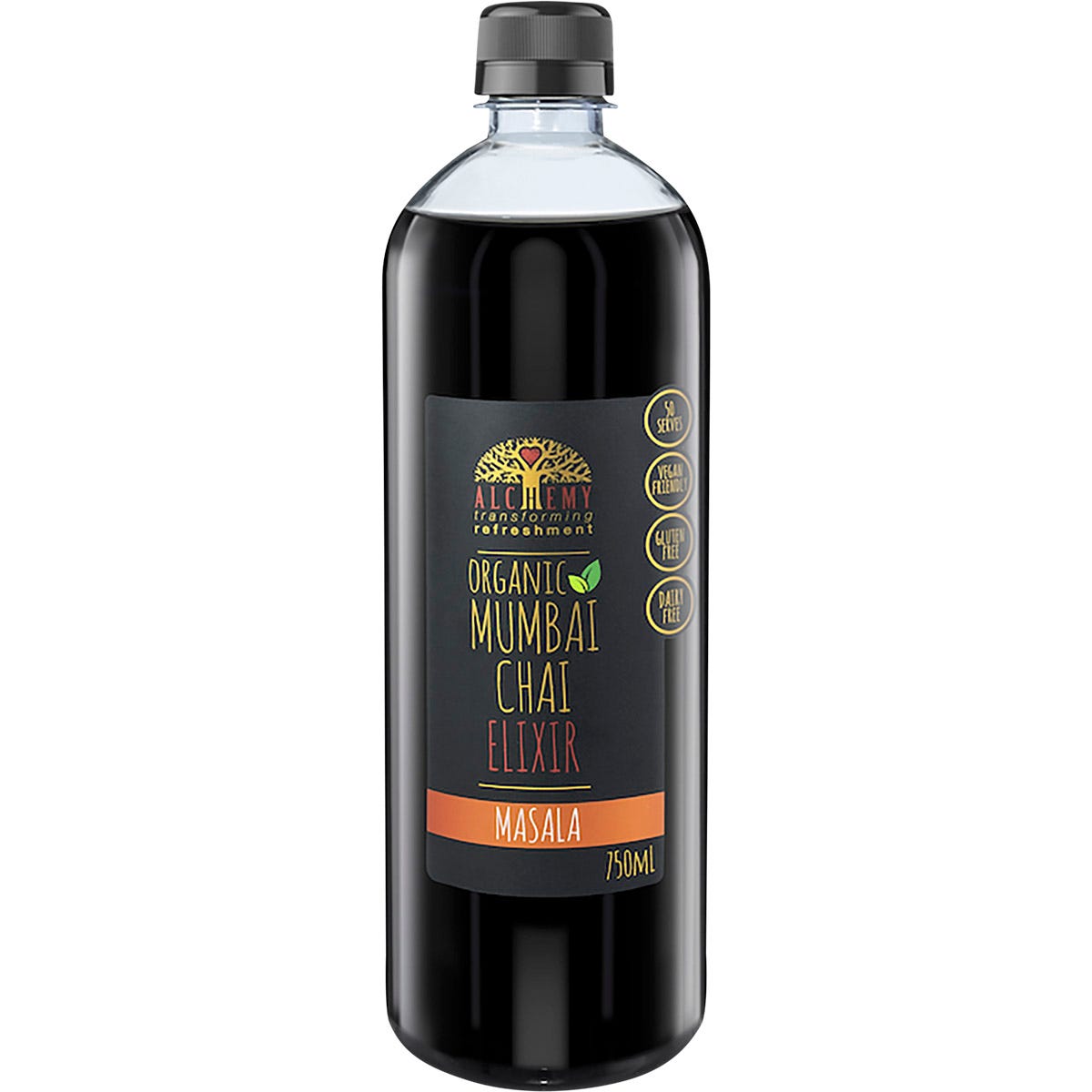750ml bottle of Alchemy Organic Mumbai Chai Elixir Masala with black tea and spices on a white background.