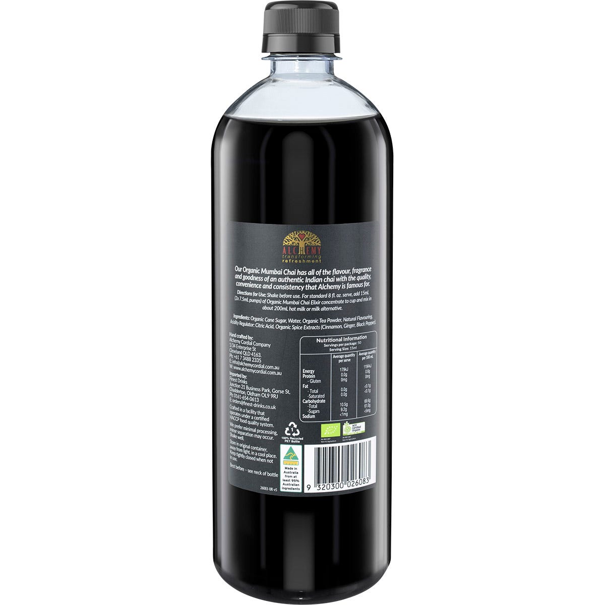 Back label of Alchemy Organic Mumbai Chai Elixir 750ml bottle showing ingredients and nutritional information.