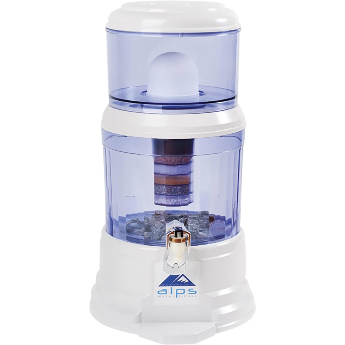 White 12L Alps 10-stage water filtration unit with a clear top and bottom tank, black base, and a silver tap.