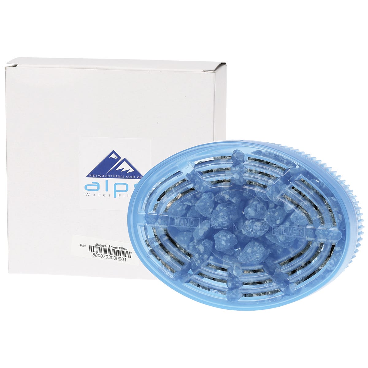 Alps Replacement Mineral Stones in a plastic container shown next to its product box and loose gray mineral stones.