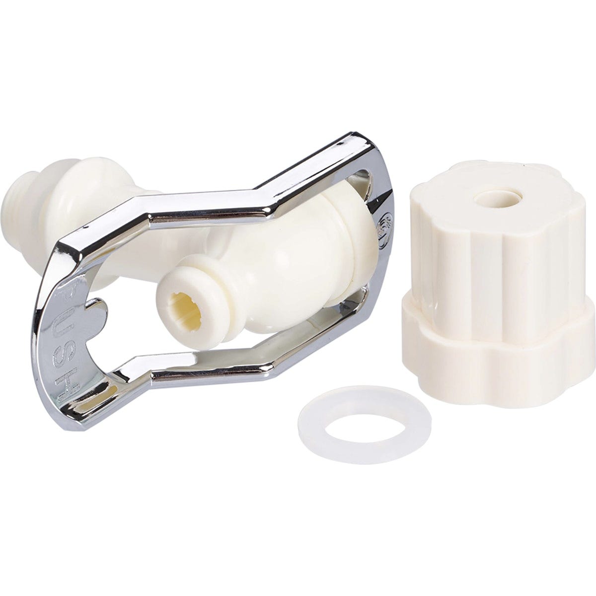 White ALPS replacement water filter tap with a magnetic energiser and two clear washers on a white background.