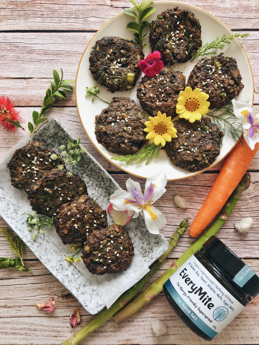 Golden-brown tofu patties served on a plate, showcasing a recipe using EveryMite Reduced Aussie Salt spread.
