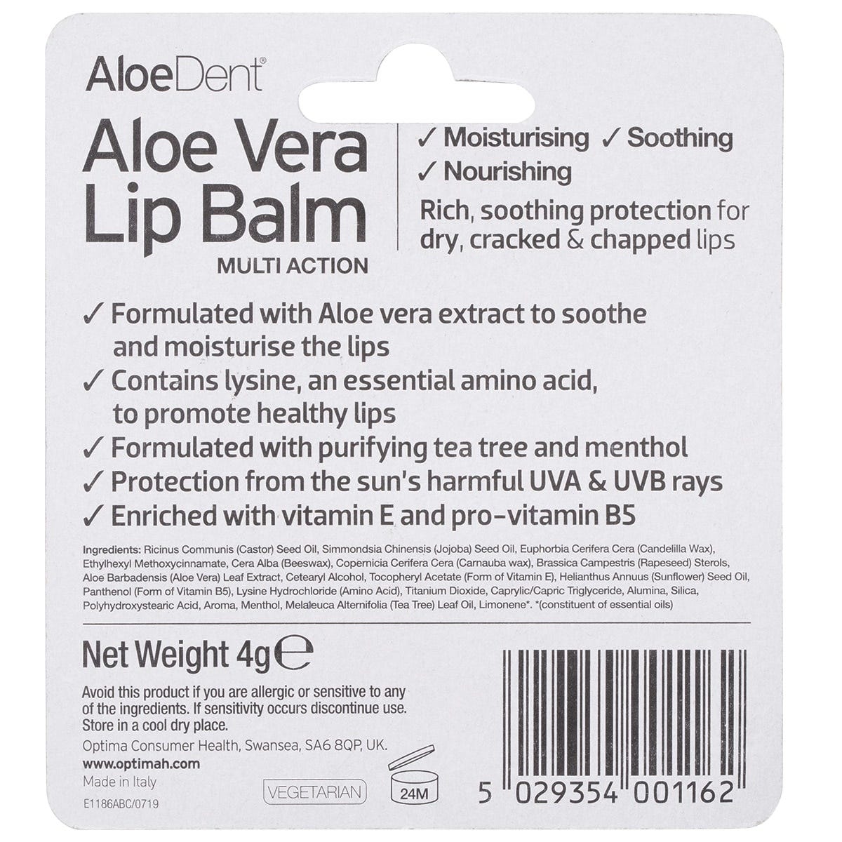Aloe Dent 4g Aloe Vera Lip Balm tube with green and white branding, featuring antiseptic tea tree and SPF 15.