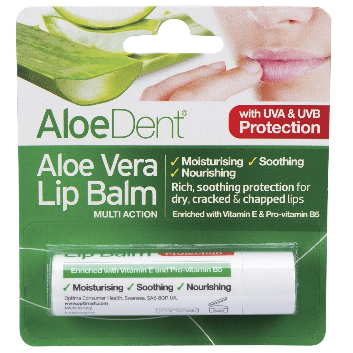 4g tube of Aloe Dent Aloe Vera Lip Balm with green and white packaging on a white background.