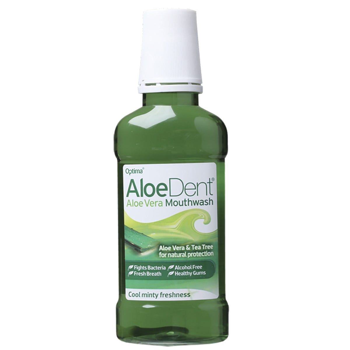 250ml bottle of Aloe Dent Alcohol Free Mouthwash with Aloe Vera and Tea Tree oil on a white background.