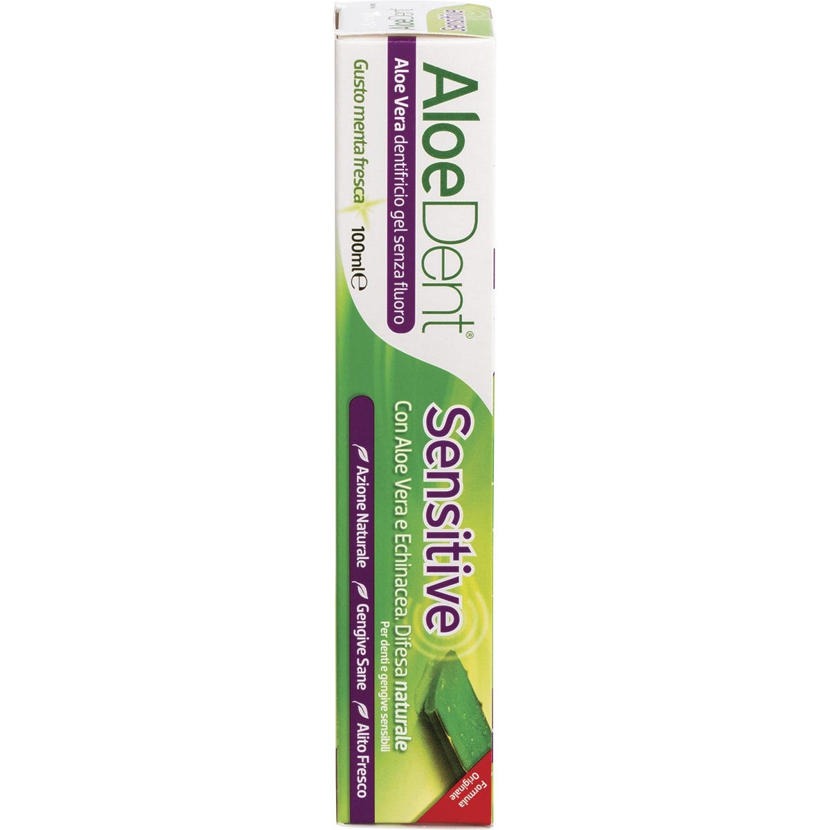 100ml tube of Aloe Dent Fluoride Free Sensitive toothpaste in white and green packaging on a white background.