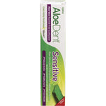 100ml tube of Aloe Dent Fluoride Free Sensitive toothpaste with white and green packaging on a white background.